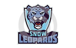 Sports logo with snow leopard mascot. Colorful sport emblem with snow leopard mascot and bold font on shield background