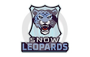 Sports logo with snow leopard mascot. Colorful sport emblem with snow leopard mascot and bold font on shield background