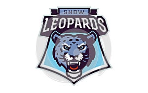 Sports logo with snow leopard mascot. Colorful sport emblem with snow leopard mascot and bold font on shield background