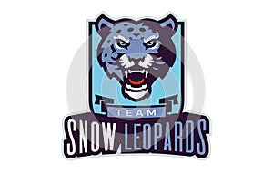 Sports logo with snow leopard mascot. Colorful sport emblem with snow leopard mascot and bold font on shield background