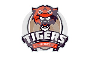 Sports logo with tiger mascot. Colorful sport emblem with tiger mascot and bold font on shield background. Logo for