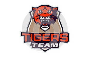 Sports logo with tiger mascot. Colorful sport emblem with tiger mascot and bold font on shield background. Logo for