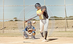 Sports man, field and baseball player strike ball in game competition, practice or bat training workout. Softball pitch