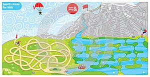 Sports maze for kids. Puzzle for development logic in children. Sports theme maze bike, parachute, rowing and climbing