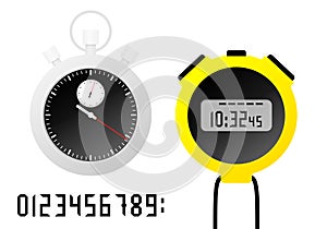 Sports mechanical and electronic stopwatche and timer. Digital numbers set. Isoated vector illustration.