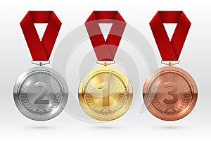Sports medals. Golden silver bronze medal with red ribbon. Champion winner awards of honor vector isolated template