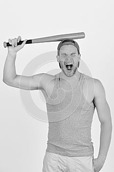 Sports mistake and baseball training concept. Player with suffering face ready to play baseball.