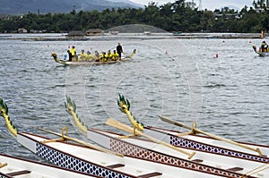 Sports Native Row Dragon head Boats Parked at Lake shore during Dragon Cup Competition.