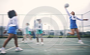Sports, netball and fitness jump by women at outdoor court for training, workout and practice. Exercise, students and