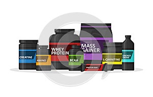 Sports nutrition containers packages, fitness protein power. Set of bodybuilding sport food. Jars and bottles with