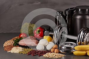 Sports nutrition and fitness equipment. photo