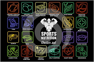 Sports nutrition and fitness health thin line icon set, full color, isolated