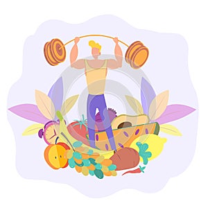 Sports nutrition, healthy lifestyle, natural and organic nutrition, vegetarianism. Colorful vector illustration