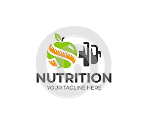 Sports nutrition logo template. Green apple with measure tape and metal dumbbell vector design
