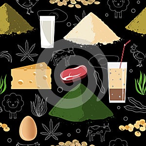 Sports nutrition seamless pattern. Protein food and protein powder.