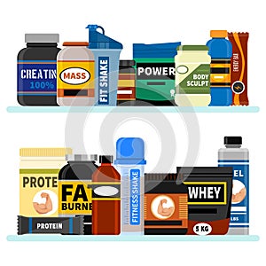 Sports nutrition supplement on shelf. Fitness. Protein shakers energy drinks. Vector illustration healthy food for