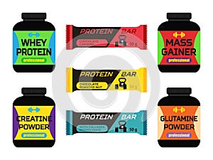 Sports nutrition, supplements, creatine, whey protein, gainer bars. Flat style.