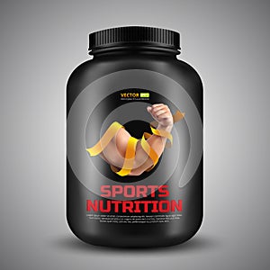 Sports nutrition vector container with label of Biceps a strong man wrapped in a gold ribbon