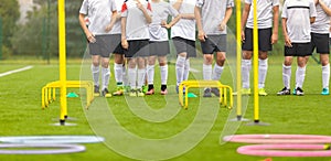 Sports Obstacle Course Outdoor. Soccer Skills Training Session. Players Training on the Field