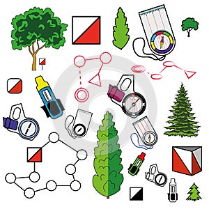 Sports orienteering icons set of