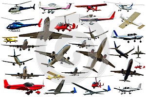 Sports and passenger aeroplanes, gliders and gyroplanes isolated