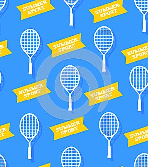 Sports pattern with badminton rackets and stickers. Flat style. Vector background