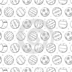 Sports pattern with the different soccer / football balls in the hand drawn style
