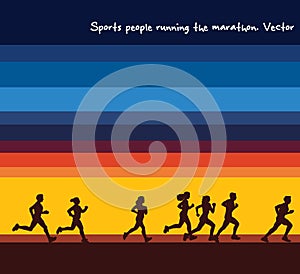 Sports people running marathon silhouettes and sunrise sky.