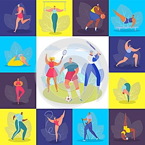 Sports people, training set vector illustration. Healthy hobby, profession and happy lifestyle. Athlete man woman