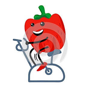 Sports pepper character on a stationary bike. Cute healthy vegetable and funny sportsman. Happy food. vegetarian vitamin