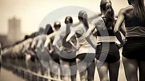 Sports photo from the sidelines of the starting line of an Olympic track race, beautiful athletic women are lined up in the