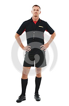 Sports, portrait and male referee in a studio posing with sportswear for a soccer match or training. Fitness, exercise