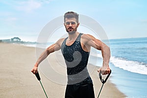 Sports. Portrait Of Man Exercising At Beach During Outdoor Workout