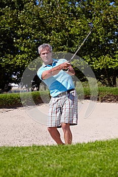 Sports, portrait and old man with golf club swing outdoor for fitness, training and practice. Face, golfing and senior