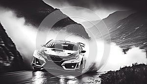 Sports rally Honda Civic type R car racing on wet mountain road