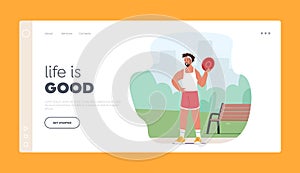 Sports Recreation, Game, Entertainment and Activity Landing Page Template. Male Character in Sportswear Holding Frisbee