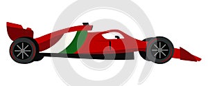 Sports red Formula 1 car side view. Racing car with the Italian flag. Driving at high speed. isolated object. Vector