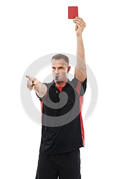Sports referee, whistle and red card hand warning while pointing for soccer rules, penalty or fail. Football coach man