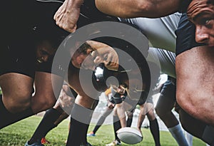 Sports, rugby and players in a scrum on a field during a game, workout or training in a stadium. Fitness, performance