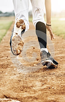 Sports, running and shoes of baseball player on field training for competition, health and fitness game. Workout photo