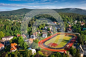 Sports running track of the Szklarska Poreba town in the Karkonosze Mountains, Poland