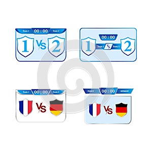 Sports scoreboard design collection. Soccer game scoreboard vector. Germany VS France football match scoreboard with flag