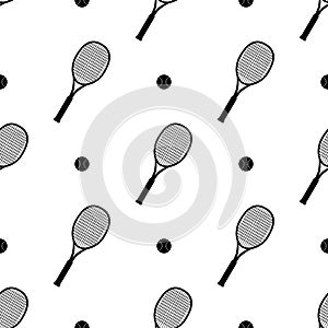Sports seamless pattern with tennis racket and ball icons in flat design style