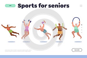 Sports for senior landing page and happy elderly people spending active time exercising feeling good