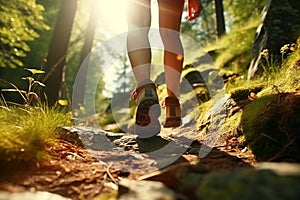 Sports shoe and legs on rock trail, hiker trekking or walking of footpath