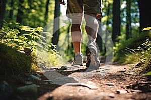 Sports shoe and legs on rock trail, hiker trekking or walking of footpath