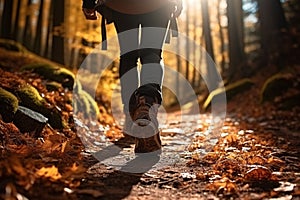 Sports shoe and legs on rock trail, hiker trekking or walking of footpath