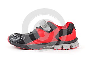 Sports shoes, black and red colors on white