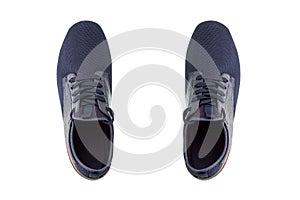 Sports shoes breathable from textile with laces of blue color.