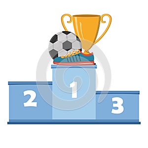 Sports shoes sneakers on the background of a soccer ball and a gold cup on the podium of the award, vector